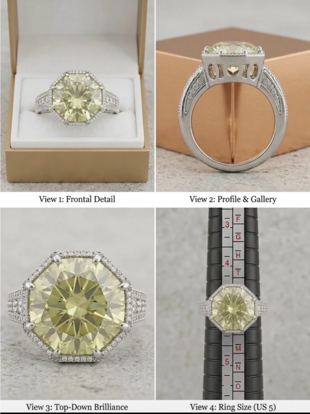 Source Unknown Yellow Octagonal Halo Engagement Ring with Pave Band